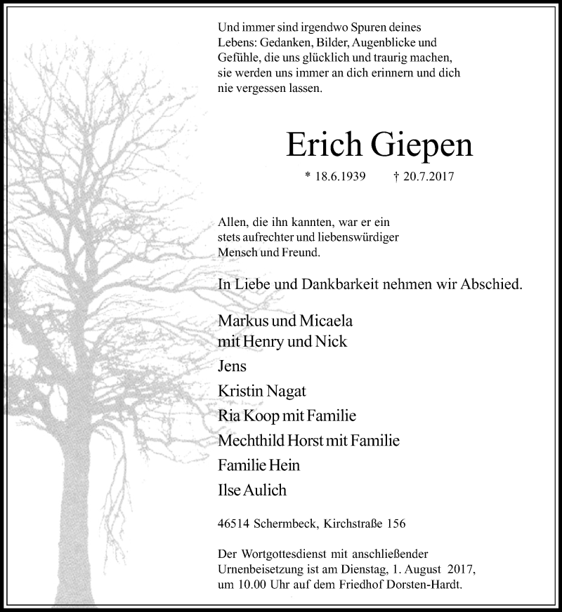  Traueranzeige für Erich Giepen vom 29.07.2017 aus Ruhr Nachrichten und Dorstener Zeitung