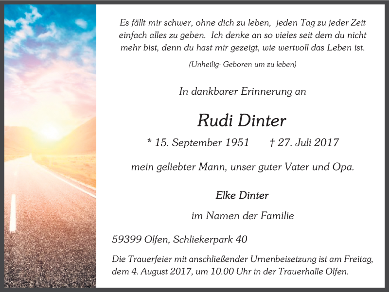  Traueranzeige für Rudi Dinter vom 29.07.2017 aus Ruhr Nachrichten