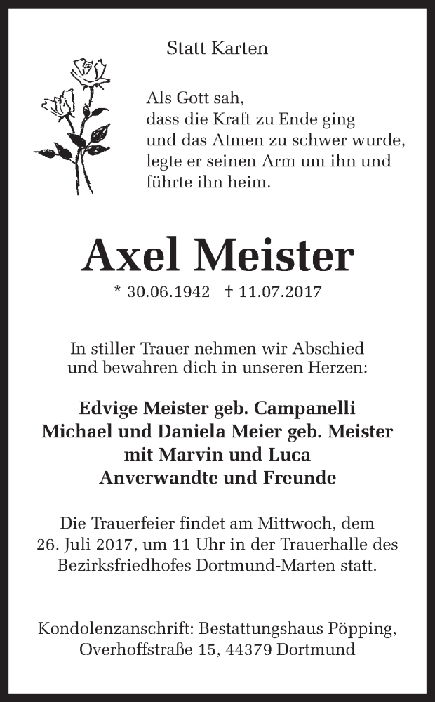  Traueranzeige für Axel Meister vom 22.07.2017 aus Ruhr Nachrichten
