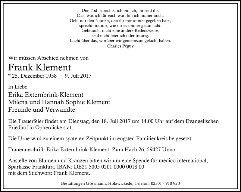  Traueranzeige für Frank Klement vom 12.07.2017 aus Ruhr Nachrichten