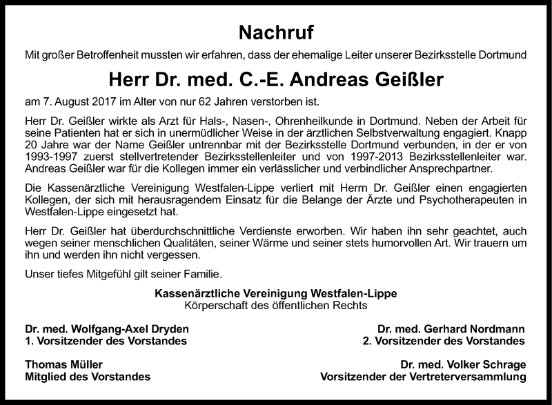  Traueranzeige für Andreas Geißler vom 12.08.2017 aus Ruhr Nachrichten
