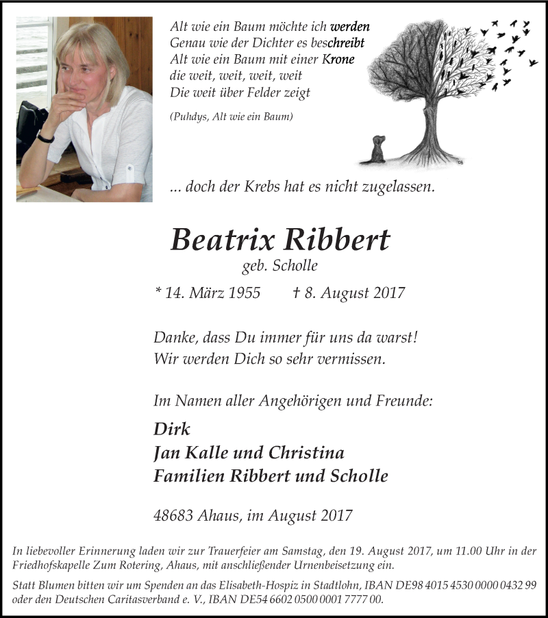  Traueranzeige für Beatrix Ribbert vom 12.08.2017 aus Münstersche Zeitung und Münsterland Zeitung