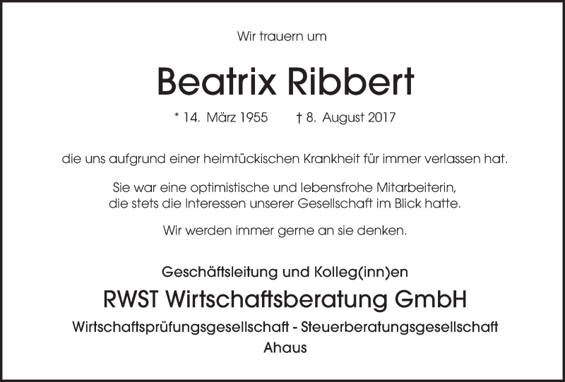  Traueranzeige für Beatrix Ribbert vom 16.08.2017 aus Münstersche Zeitung und Münsterland Zeitung