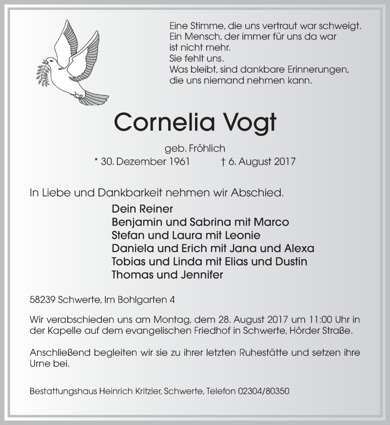  Traueranzeige für Cornelia Vogt vom 12.08.2017 aus Ruhr Nachrichten