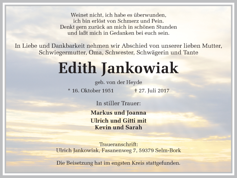  Traueranzeige für Edith Jankowiak vom 03.08.2017 aus Ruhr Nachrichten