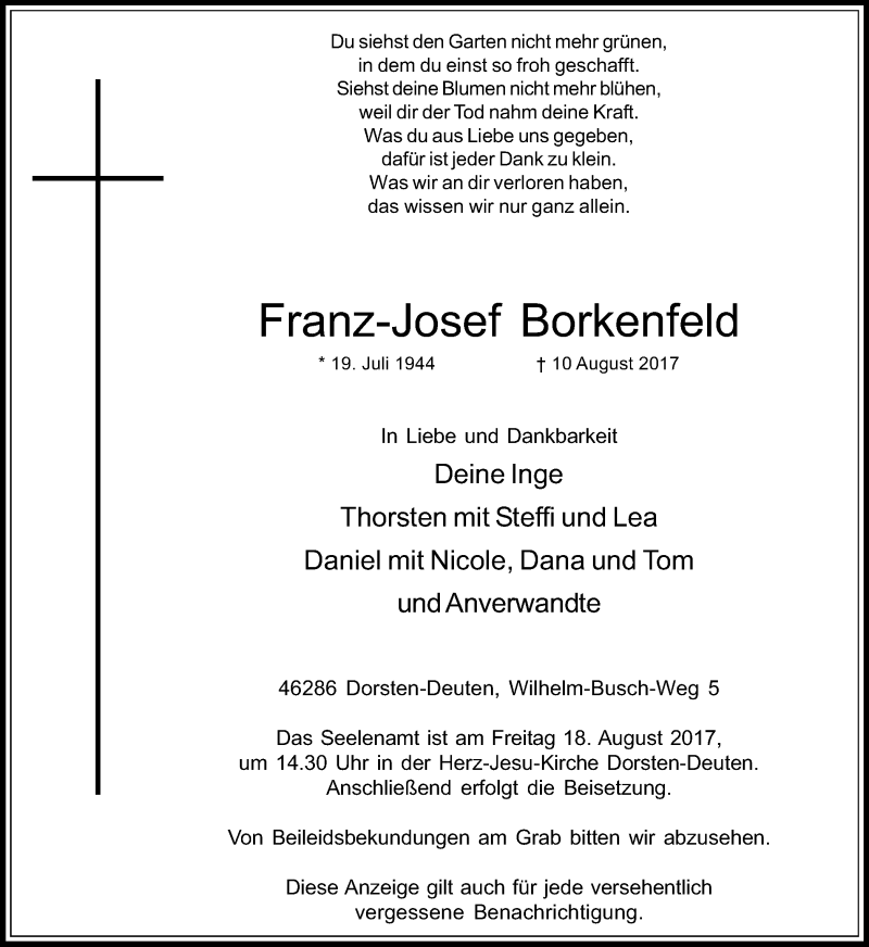 Traueranzeige für Franz-Josef Borkenfeld vom 15.08.2017 aus Ruhr Nachrichten und Dorstener Zeitung