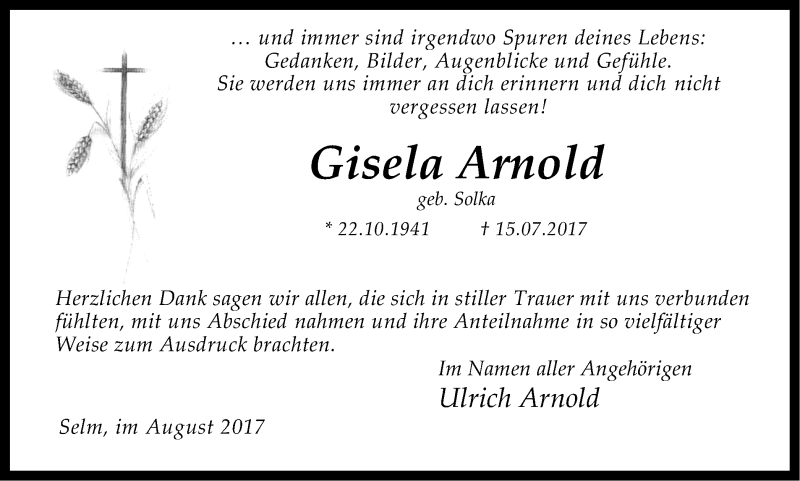  Traueranzeige für Gisela Arnold vom 12.08.2017 aus Ruhr Nachrichten