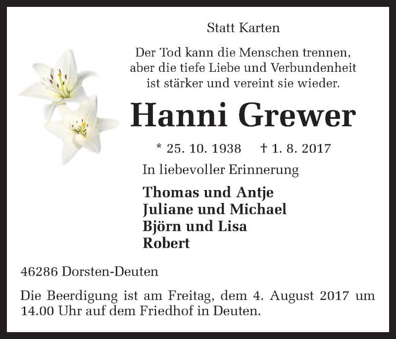  Traueranzeige für Hanni Grewer vom 04.08.2017 aus Ruhr Nachrichten und Dorstener Zeitung
