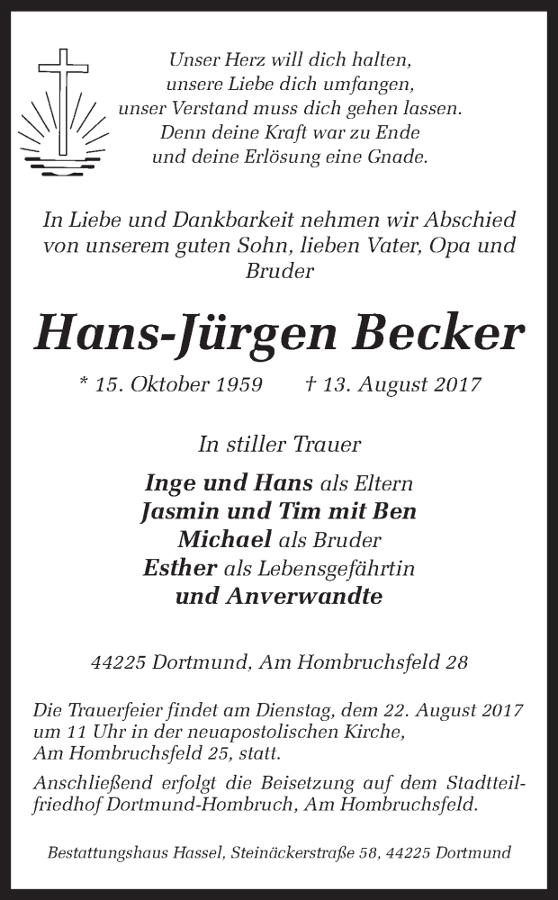  Traueranzeige für Hans-Jürgen Becker vom 16.08.2017 aus Ruhr Nachrichten
