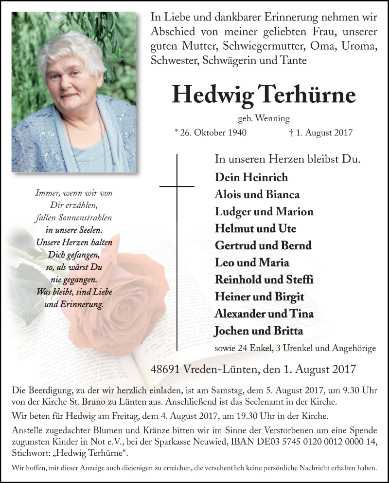  Traueranzeige für Hedwig Terhürne vom 03.08.2017 aus Münstersche Zeitung und Münsterland Zeitung