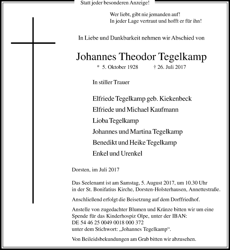  Traueranzeige für Johannes Theodor Tegelkamp vom 02.08.2017 aus Ruhr Nachrichten und Dorstener Zeitung