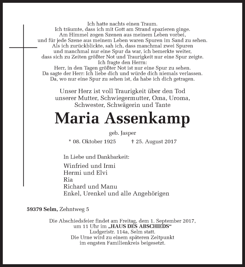  Traueranzeige für Maria Assenkamp vom 29.08.2017 aus Ruhr Nachrichten