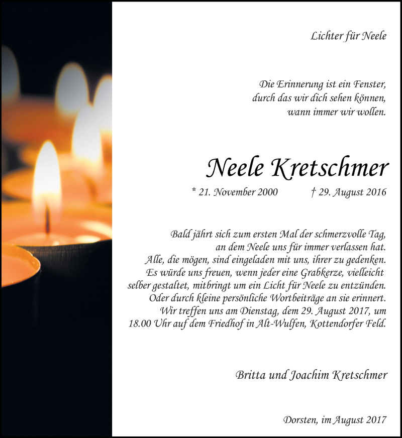  Traueranzeige für Neele Kretschmer vom 26.08.2017 aus Ruhr Nachrichten und Dorstener Zeitung