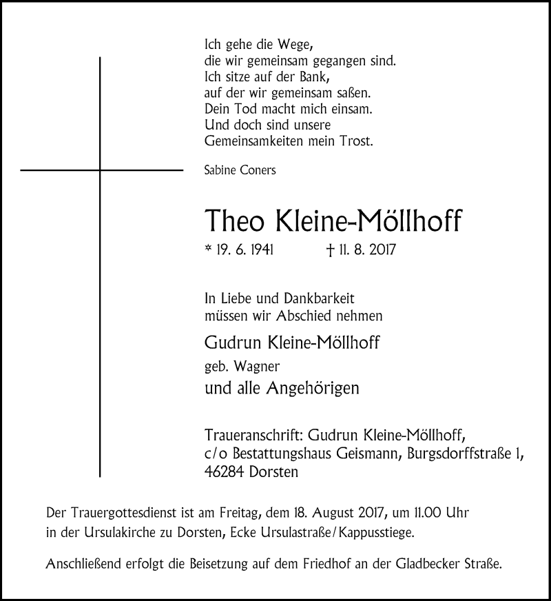  Traueranzeige für Theo Kleine-Möllhoff vom 16.08.2017 aus Ruhr Nachrichten und Dorstener Zeitung