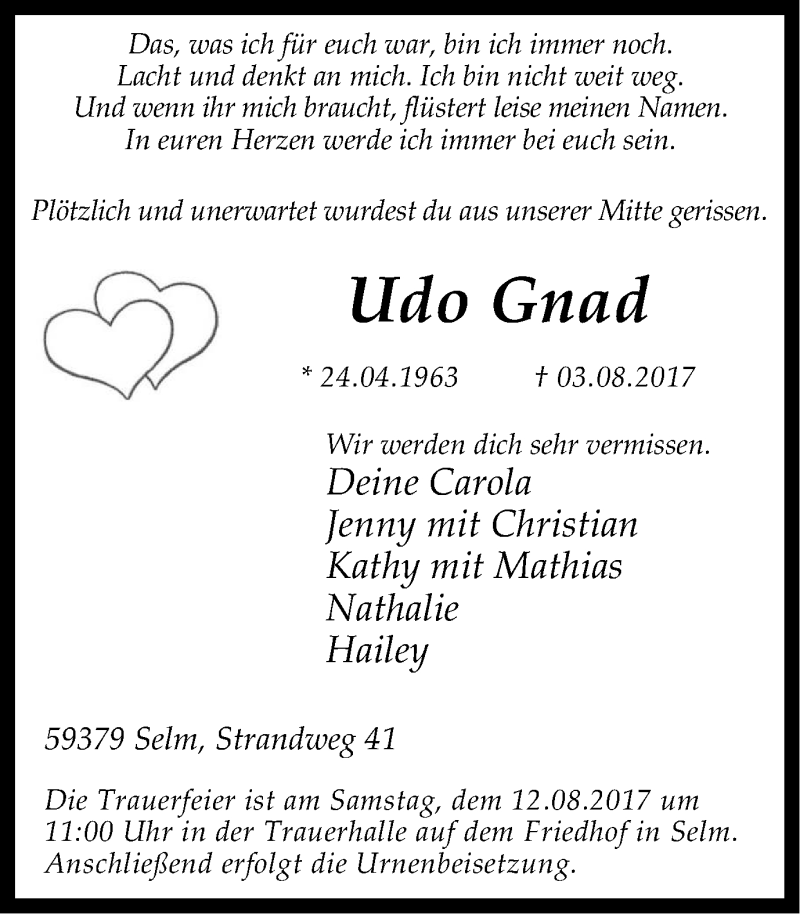 Traueranzeige für Udo Gnad vom 05.08.2017 aus Ruhr Nachrichten