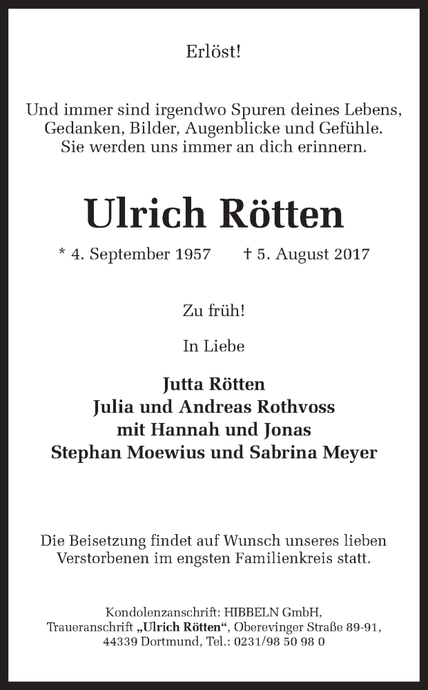 Traueranzeige für Ulrich Rötten vom 09.08.2017 aus Ruhr Nachrichten