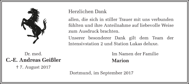  Traueranzeige für Andreas Geißler vom 09.09.2017 aus Ruhr Nachrichten
