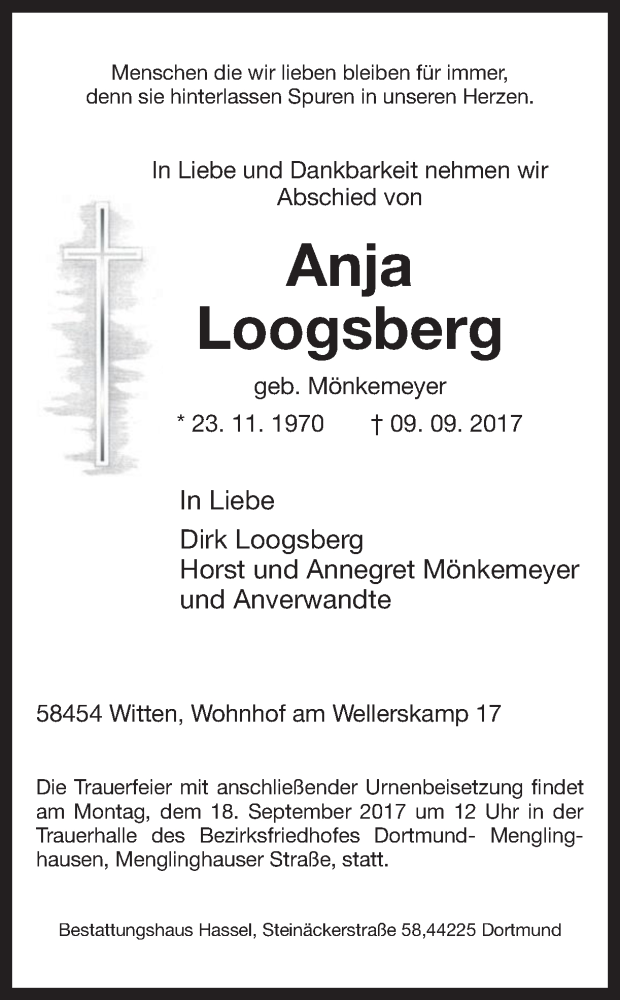  Traueranzeige für Anja Loogsberg vom 14.09.2017 aus Ruhr Nachrichten
