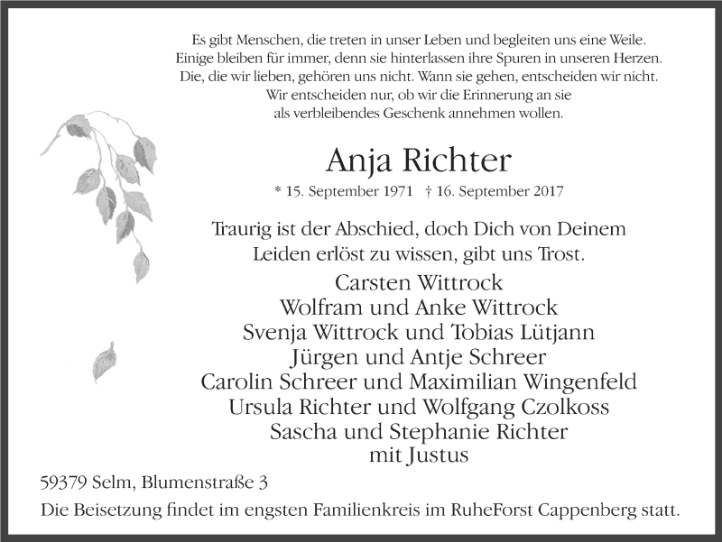  Traueranzeige für Anja Richter vom 23.09.2017 aus Ruhr Nachrichten