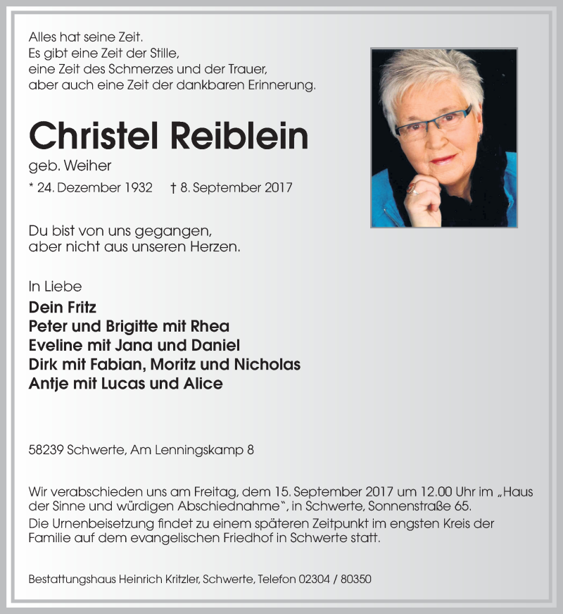  Traueranzeige für Christel Reiblein vom 13.09.2017 aus Ruhr Nachrichten