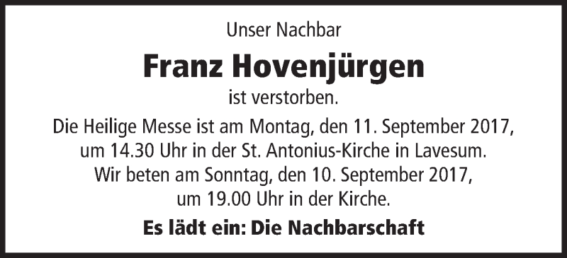  Traueranzeige für Franz Hovenjürgen vom 08.09.2017 aus Ruhr Nachrichten und Halterner Zeitung