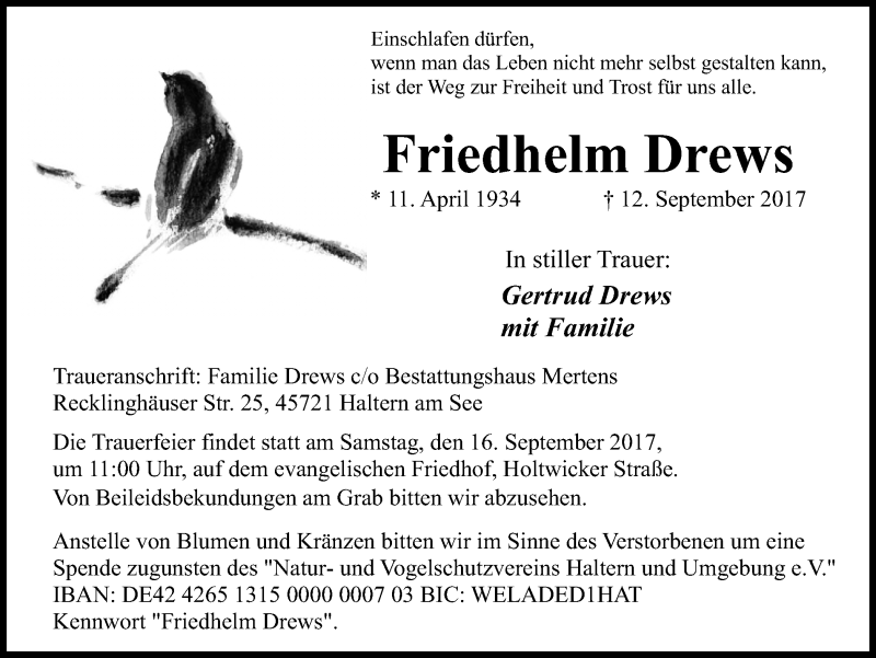  Traueranzeige für Friedhelm Drews vom 14.09.2017 aus Ruhr Nachrichten und Halterner Zeitung