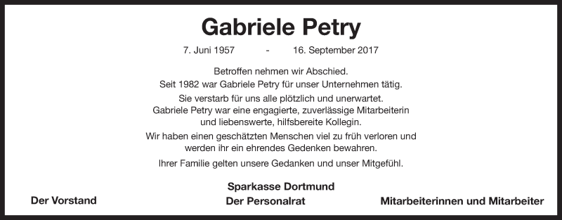  Traueranzeige für Gabriele Petry vom 30.09.2017 aus 