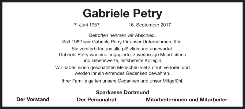  Traueranzeige für Gabriele Petry vom 30.09.2017 aus Ruhr Nachrichten