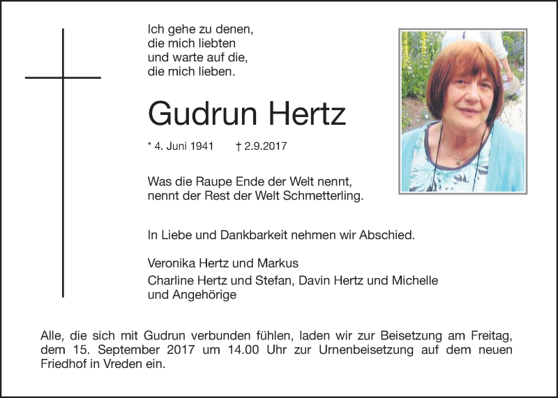  Traueranzeige für Gudrun Hertz vom 08.09.2017 aus Münstersche Zeitung und Münsterland Zeitung