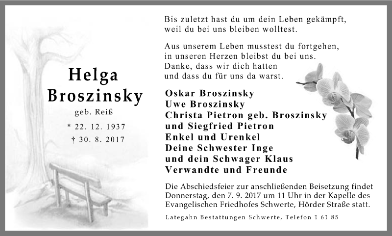  Traueranzeige für Helga Broszinsky vom 02.09.2017 aus Ruhr Nachrichten
