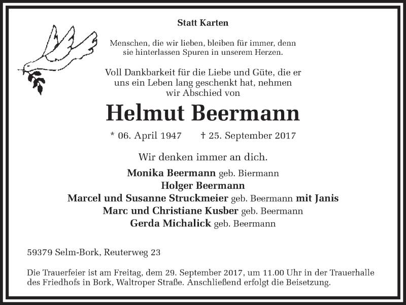  Traueranzeige für Helmut Beermann vom 27.09.2017 aus Ruhr Nachrichten