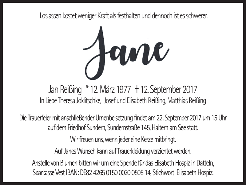  Traueranzeige für Jan Reißing vom 19.09.2017 aus Ruhr Nachrichten und Halterner Zeitung