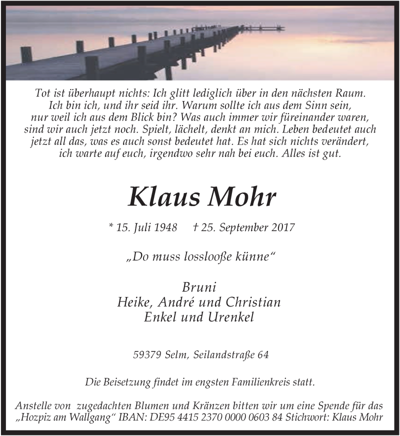  Traueranzeige für Klaus Mohr vom 30.09.2017 aus Ruhr Nachrichten