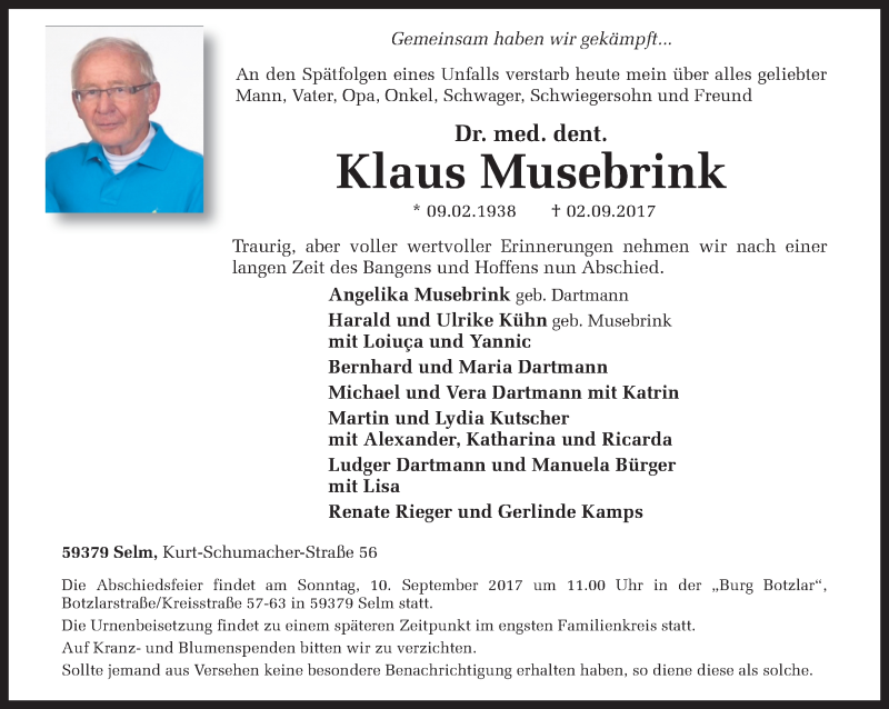  Traueranzeige für Klaus Musebrink vom 05.09.2017 aus Ruhr Nachrichten
