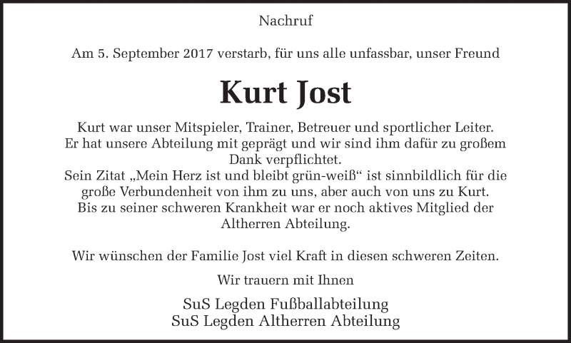  Traueranzeige für Kurt Jost vom 09.09.2017 aus Münstersche Zeitung und Münsterland Zeitung