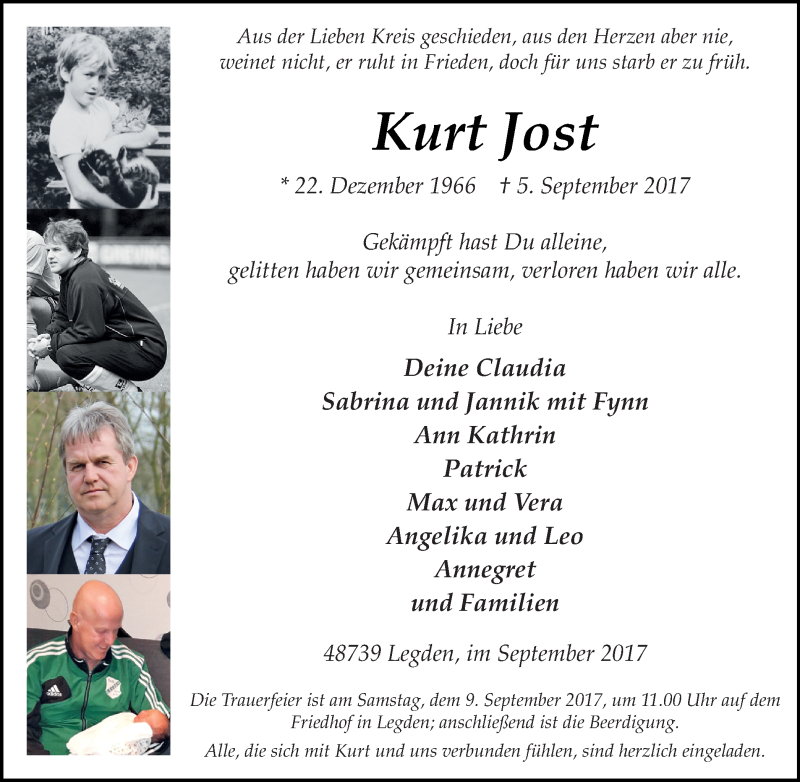  Traueranzeige für Kurt Jost vom 08.09.2017 aus Münstersche Zeitung und Münsterland Zeitung