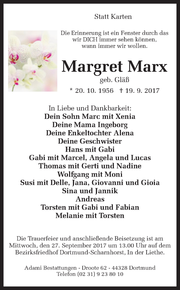  Traueranzeige für Margret Marx vom 23.09.2017 aus Ruhr Nachrichten