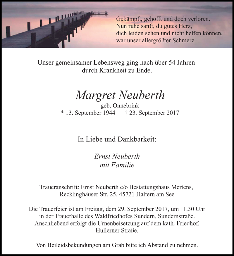  Traueranzeige für Margret Neuberth vom 26.09.2017 aus Ruhr Nachrichten und Halterner Zeitung