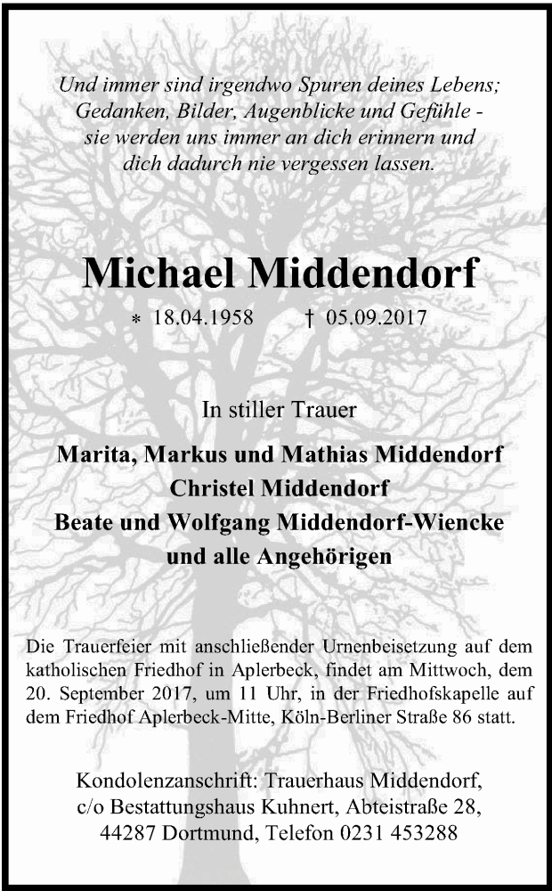  Traueranzeige für Michael Middendorf vom 16.09.2017 aus Ruhr Nachrichten