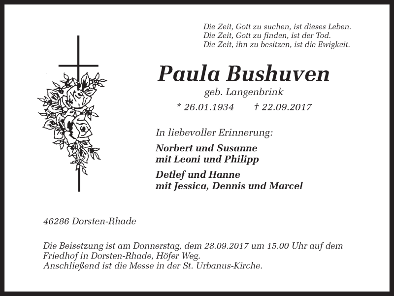  Traueranzeige für Paula Bushuven vom 25.09.2017 aus Ruhr Nachrichten und Dorstener Zeitung
