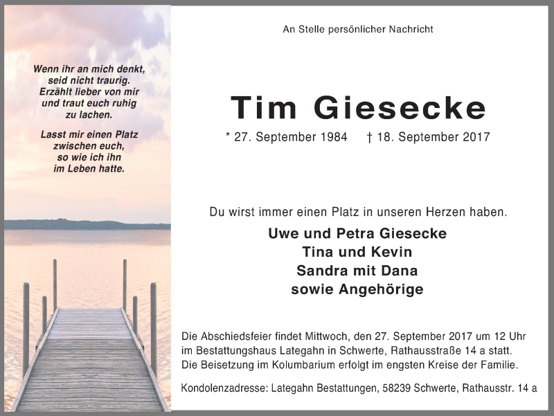  Traueranzeige für Tim Giesecke vom 23.09.2017 aus Ruhr Nachrichten