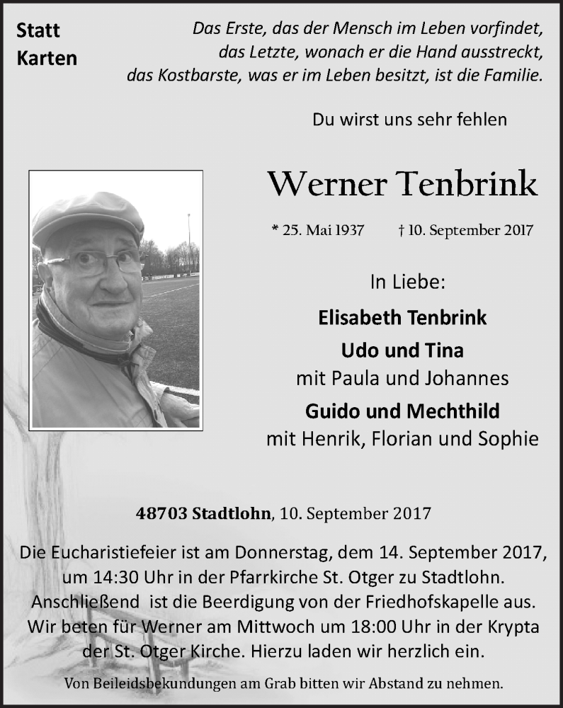  Traueranzeige für Werner Tenbrink vom 12.09.2017 aus Münstersche Zeitung und Münsterland Zeitung