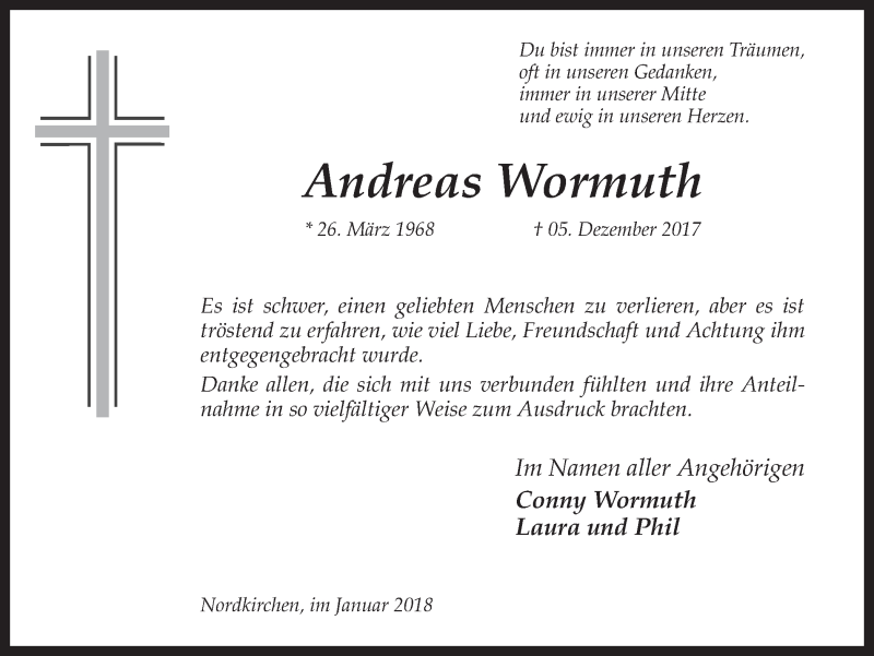 Traueranzeige für Andreas Wormuth vom 20.01.2018 aus Ruhr Nachrichten