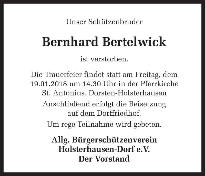  Traueranzeige für Bernhard Bertelwick vom 18.01.2018 aus Ruhr Nachrichten und Dorstener Zeitung