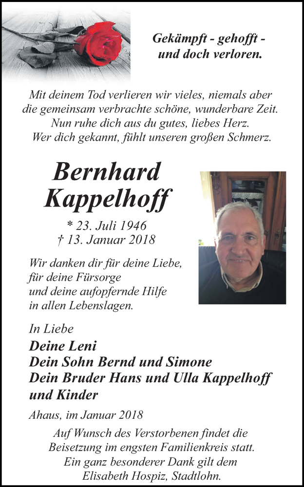  Traueranzeige für Bernhard Kappelhoff vom 20.01.2018 aus Münstersche Zeitung und Münsterland Zeitung