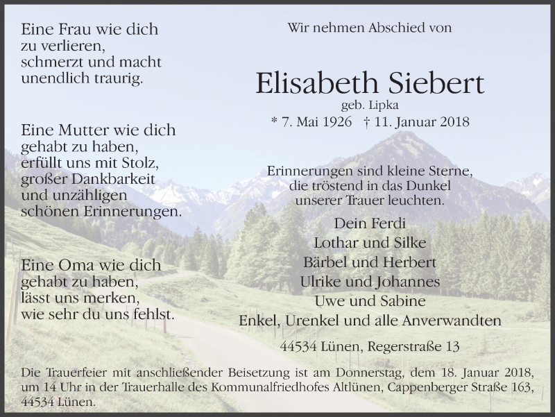  Traueranzeige für Elisabeth Siebert vom 16.01.2018 aus Ruhr Nachrichten