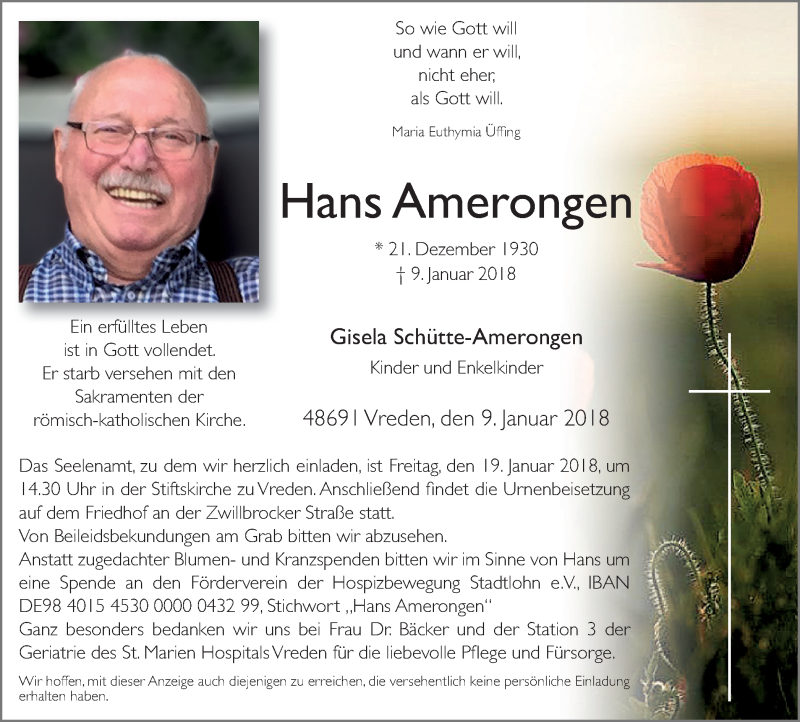  Traueranzeige für Hans Amerongen vom 15.01.2018 aus Münstersche Zeitung und Münsterland Zeitung