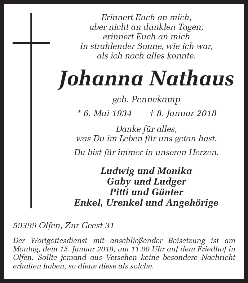  Traueranzeige für Johanna Nathaus vom 10.01.2018 aus Ruhr Nachrichten