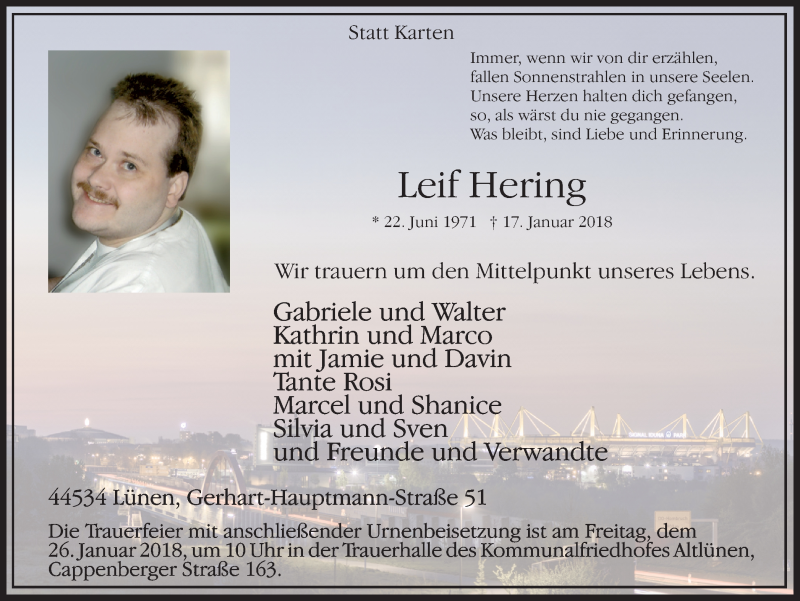  Traueranzeige für Leif Hering vom 20.01.2018 aus Ruhr Nachrichten