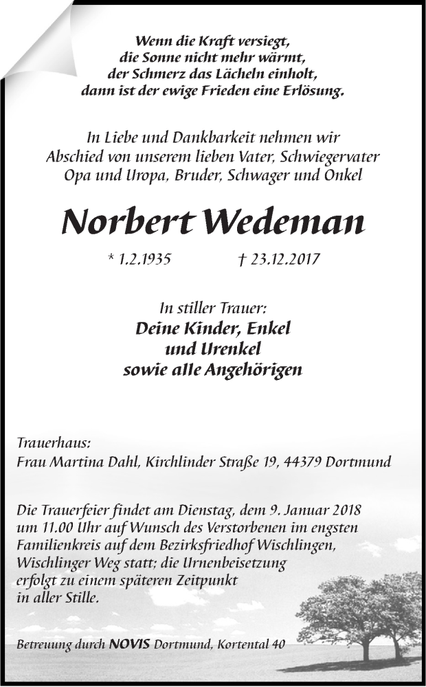  Traueranzeige für Norbert Wedeman vom 06.01.2018 aus Ruhr Nachrichten